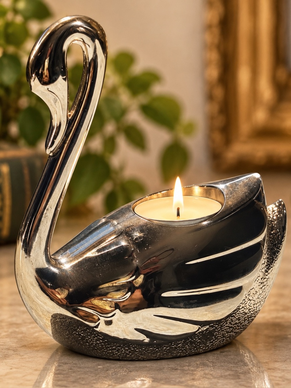 Vintage Silver-Tone Swan Tealight Candle Holder – Elegant MCM Décor